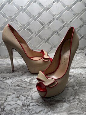 Casadei Ivory Red Trim Peep Toe Platform Heels Bow Pumps
